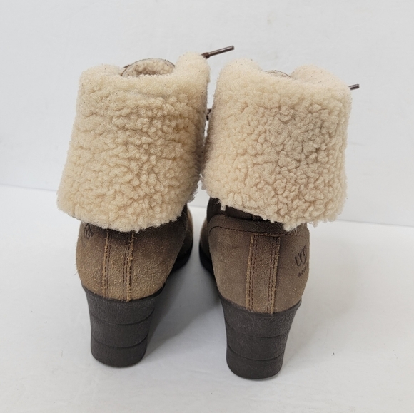 UGG Zea Brown Leather Shearling Lined Lace Up Wedge Combat Cuff Boots 7 1003360 - Picture 8 of 12